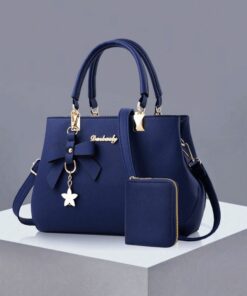 2pcs Women Solid Color PU Leather Handbag & Wallet Set with Bow Pendant